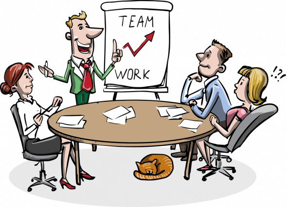 Drawing of three people sitting at a table. They are looking at a man that's standing in front of a flip chart that reads "team work" with an arrow indicating an overall upward trend.